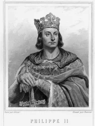 Portrait de Philippe II dit Philippe Auguste (1165-1223), roi de France - dans «Histoire des Français» de Lavallée, gravure, sd