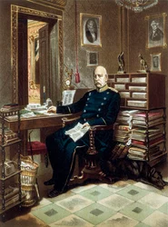 Portrait du prince Otto von Bismarck (1815-1898), chancelier et homme politique prussien, dans son bureau. Lithographie en couleur