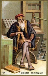 Portrait de Robert I Estienne (1498 - 1559) humaniste, éditeur et imprimeur. Chromolithographie du 19ème siècle