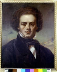 Portrait de Robert Schumann (1810-1856), compositeur allemand. Peinture anonyme vers 1840. Museo Teatrale alla Scala