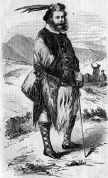 Portrait de Roualeyn George Gordon Cumming (1820-1866), voyageur et chasseur de lions écossais. Gravure par Linton dans « Le Monde Illustré » n°56 du 8 mai 1858.