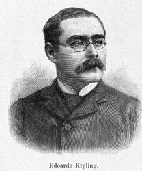 Portrait de Rudyard Kipling (1865-1936), romancier et poète britannique, gravure du 19e siècle