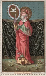 Portrait de Saint Rémi (437-533) (Saint Remigius, Remy Remigio) visité par la colombe du Saint-Esprit. Chromolithographie de la fin du 19ème siècle.