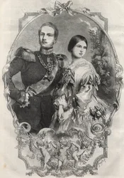 Portrait de leurs altesses royales la princesse Victoria (reine Victoria) et le prince héritier Frédéric-Guillaume de Prusse. Gravure de 1858.