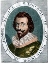 Portrait de Théophile de Viau (1590 - 1626), poète français. Gravure du XVIIe siècle. Collection privée.