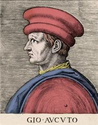 Portrait du mercenaire et condottiere anglais John Hawkwood (Jean Haccoude ou Giovanni Acuto) (1320-1394) Xylographie du 16e siècle