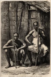 Portrait de deux guerriers Bakali. Dessin de H. Castelli pour illustrer le voyage au Gabon en 1861-1864 du Docteur Griffon du Bellay. Gravure dans « Le tour du monde », édité par Édouard Charton
