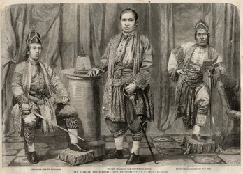Portraits des ambassadeurs du Siam venus en Angleterre en 1857. De gauche à droite : Cha mun Mondr Bidacks, représentant le second roi du Siam, Phya Mantri Suriyawanse et Chau Mun Sarbbedh Bhacty, ambassadeurs du premier roi. Gravure dans "The illustra