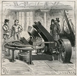 Machine Fleury utilisée pour le moulage mécanique des briques. Gravure de 1885 dans Les arts et métiers illustrés par Adolphe Bitard.