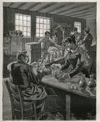 Poterie : remplissage de poteries. Gravure de 1885 dans "Les arts et métiers illustrés" par Adolphe Bitard.