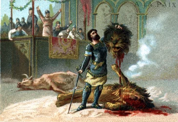 Pépin le Bref (715-768), roi des Francs, combat un lion et un taureau lors des fêtes données pour célébrer son couronnement en 751