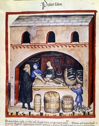 Préparation de poisson sale. Enluminure du « Tacuinum sanitatis »