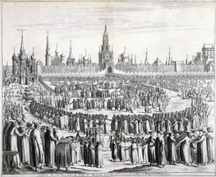 Procession des Fleurs de Pâques devant la Porte du Saint-Sauveur et le Kremlin à Moscou. Gravure du 19ème siècle