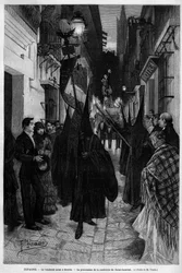 Procession de la confrérie de Saint Laurent à Séville (Espagne) le Vendredi Saint. Gravure dans « Le Monde illustré » 1883. Collection privée.