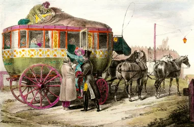 Transport public : passagers entrant dans la diligence parisienne. Gravure du XIXe siècle Collection privée