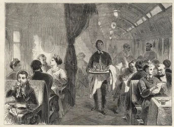 Wagon-restaurant Pullman des chemins de fer du Pacifique en 1869