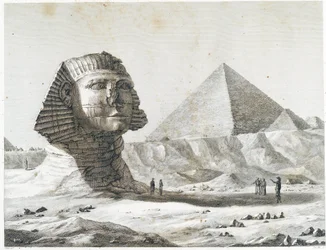 Pyramides de Gizeh : vue du Sphinx et de la Grande Pyramide, prise depuis le sud-est - dans Description de l