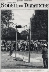 Racing club de France. Sheldon, champion de France, saute 2,95 m à la perche. Gravure dans « Le soleil-du-dimanche », 2 juillet
