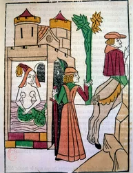 Raimondin espionnant sa femme Mélusine dans le bain. Gravure sur bois enluminée à la main dans « Histoire de Mélusine » (folio 142) écrite par Jean d