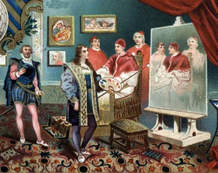 Raphaël (Raffaello Sanzio) travaillant sur le portrait du Pape Léon X entouré des cardinaux Jules de Médicis (Giulio) (Pape Clément VII)