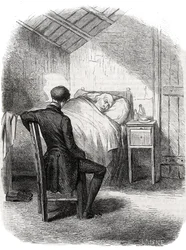 Rastignac resta seul près du vieil homme, assis au pied du lit... Gravure du milieu du 19e siècle. Illustration pour "Le Père Goriot" d