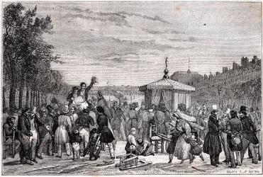 Lecture des prescriptions dans Le Moniteur, au jardin du Palais-Royal, le 26 juillet 1830 à 7 heures du soir