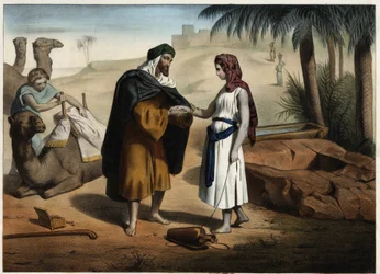 Rebecca et Éliézer au puits : Éliézer de Damas, chargé de trouver une épouse pour Isaac en Mésopotamie, ramène Rebecca. Gravure anonyme du 19ème siècle
