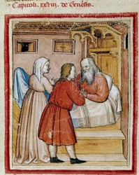 Rebecca amène son fils Jacob, que son frère Ésaü menace de tuer, devant son mari Isaac pour lui donner sa bénédiction. Miniature du codex 212 (ou padovano ou Bible de Padoue) 1390-1400 Rovigo, Accademia dei Concordi