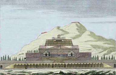 Reconstruction du temple de Fortuna (divinité romaine de la chance) à Palestrina, Italie. Gravure du XIXe siècle