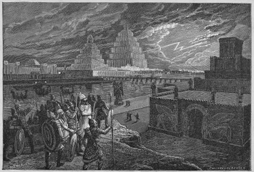 Reconstruction des temples et palais le long du fleuve de Babylone - Mésopotamie : reconstruction de la ville de Babylone, construite sous le règne du roi Nabuchodonosor II.