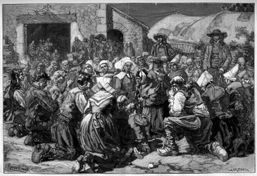 Coutume régionale de France, mariage breton : prières des mendiants pour les époux. Gravure dans "Le Monde Illustré"