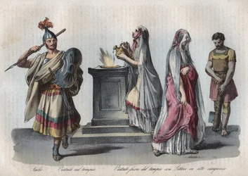 Religion dans la Rome antique - Saliens (prêtres sauteurs) et Vestales ou Vierges vestales - Gravure tirée de «Usi e Costumi di Tutti i Popoli dell