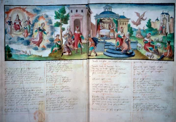 Théâtre religieux : Passion et Résurrection joué à Valenciennes en 1547. Page de manuscrit avec aquarelle, Paris, B.N.