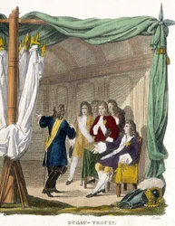 René Duguay Trouin (Duguay-Trouin) (René Trouin du Gué dit) (1673-1736) devant le roi Louis XIV (1638-1715). Gravure du 19ème siècle