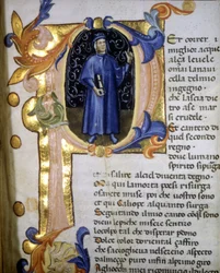 Représentation dans une lettrine du poète Dante Alighieri (1265 - 1321), miniature du 14ème siècle.