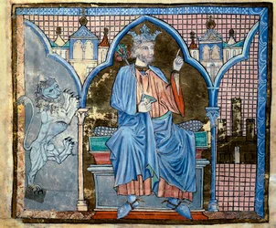 Représentation du roi Ferdinand III de Castille ou Saint Ferdinand (1199-1252) Miniature tirée du manuscrit « Index des privilèges royaux » fol. 66 v. 13e siècle Saint-Jacques-de-Compostelle (Santiago de Compostela), archives de la cathédrale