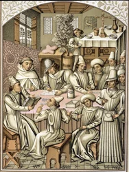 Représentation de fonctionnaires au 14e siècle. Chromolithographie du livre de comptes de la confrérie "Dio e Nostra Signora"