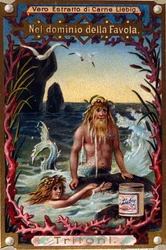 Représentation de tritons, créatures légendaires mi-homme mi-poisson. Chromolithographie du 19ème siècle
