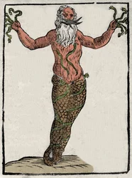 Représentation de la divinité grecque Typhon (ou Typhee). Gravure de « Mythologiae sive explicationes fabularum » de Natalis Comitis. 1637