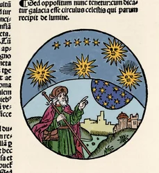 Représentation du philosophe grec Aristote (384-322 av. J.-C.) indiquant les étoiles. Gravure du traité de physique « Textus abbreviatus Aristotelis super octo liris Phisicorum & tota naturalis philosophia » par Thomas Bricot (d. 1516). 1496