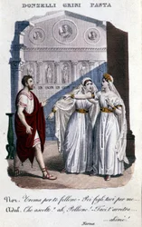 Représentation des interprètes de la première représentation de « La Norma » par Vincenzo Bellini (1801 - 1835) : de gauche à droite Domenico Donzelli (Pollione), Giuditta Grisi (Adalgisa) et Giuditta Pasta (Norma). 1833.
