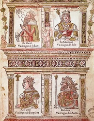 Représentation de la page des Rois : Roi David, Roi Salomon, Roi Turno et Roi Lubba (Page des rois) Planche du « Libro delle sorti » par Lorenzo Spirito Gualtieri