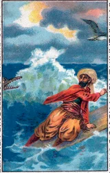 Sauvetage sur une planche. Les merveilleuses aventures de Sinbad le marin. Conte populaire des Mille et Une Nuits. Chromolithographie de la fin du 19ème siècle