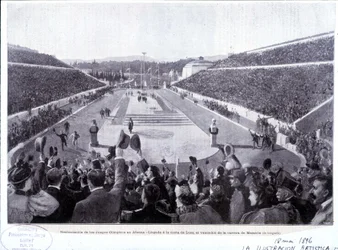 Restauration des Jeux Olympiques à Athènes : arrivée de Lues, vainqueur du marathon