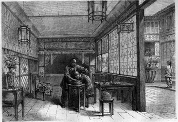 Riche Chinois chez son barbier. Gravure dans « Le Journal de la Jeunesse »