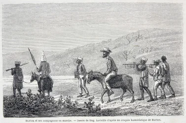 Richard Francis Burton, explorateur britannique (1821-1890), et ses compagnons en Afrique. Dessin illustrant l