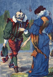 Riquet se présente à nouveau à la princesse. Illustration pour "Riquet à la houppe", conte de Charles Perrault (1628-1703), écrivain français. Illustration anonyme. Imagerie Marcel Vagne, Jarville Nancy, sans date (fin XIXe siècle).