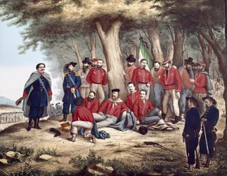Risorgimento : le patriote italien Giuseppe Garibaldi blessé à Aspromonte, le 29/08/1862, est transporté par des soldats