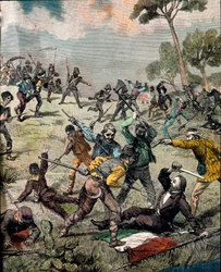 Risorgimento : le révolutionnaire italien Carlo Pisacane est attaqué par des paysans à Sapri le 28/06/1857