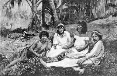 Robert Louis Stevenson (1850 - 1894) avec sa femme à Samoa où il résidait à Vailima. Gravure vers 1890-1895